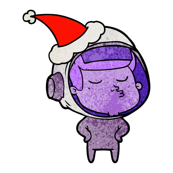 Handgezeichnete Texturierte Karikatur Eines Selbstbewussten Astronauten Mit Weihnachtsmütze — Stockvektor