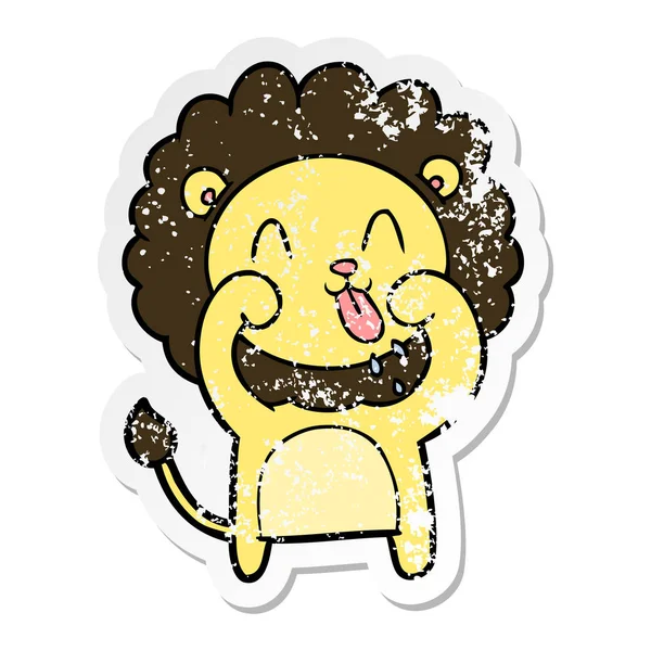 幸せな漫画ライオンの苦しめられたステッカー — ストックベクタ