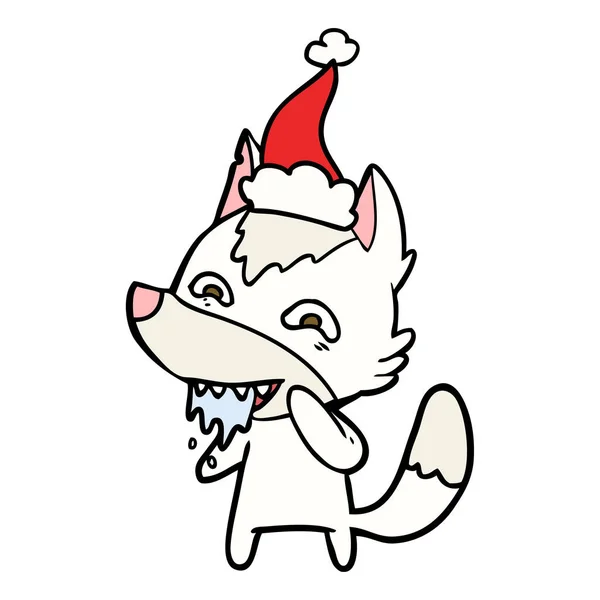 Handgezeichnete Linienzeichnung Eines Hungrigen Wolfes Mit Weihnachtsmütze — Stockvektor