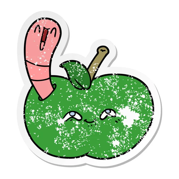 Distressed Sticker Cartoon Worm Happy Apple — Stock Vector