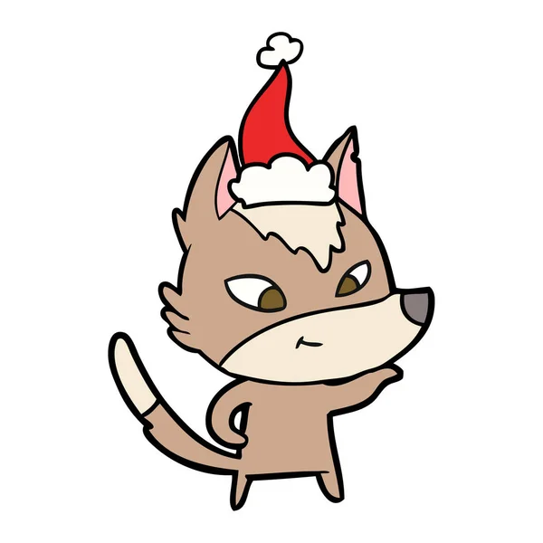 Vriendelijke Hand Getekend Lijntekening Van Een Wolf Dragen Kerstmuts — Stockvector