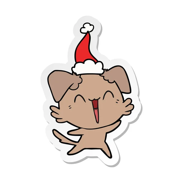 Heureux Petit Chien Dessiné Main Autocollant Dessin Animé Chapeau Santa — Image vectorielle