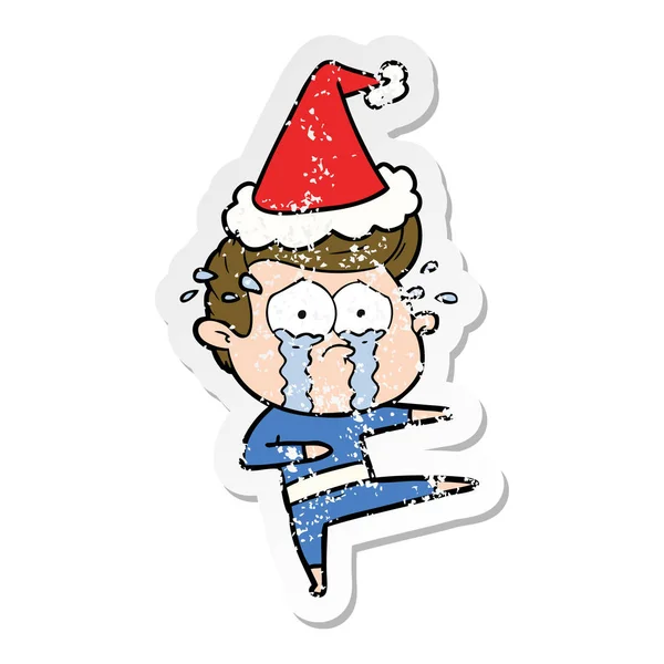 Hand Dras Nödställda Klistermärke Cartoon Gråtande Dansare Santa Hatt — Stock vektor