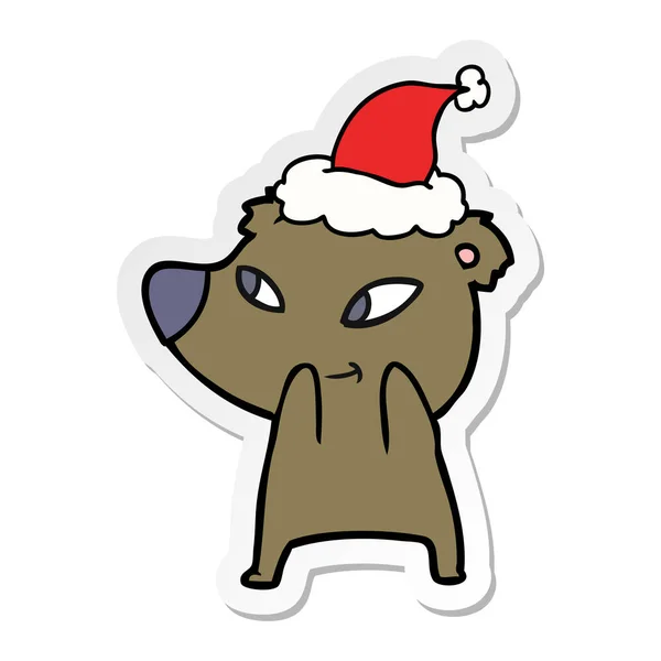 Cute Hand Drawn Sticker Cartoon Bear Wearing Santa Hat — Stock Vector