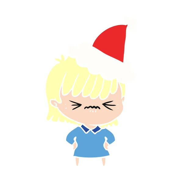 Illustration en couleur plate ennuyée d'une fille portant un chapeau de Père Noël — Image vectorielle