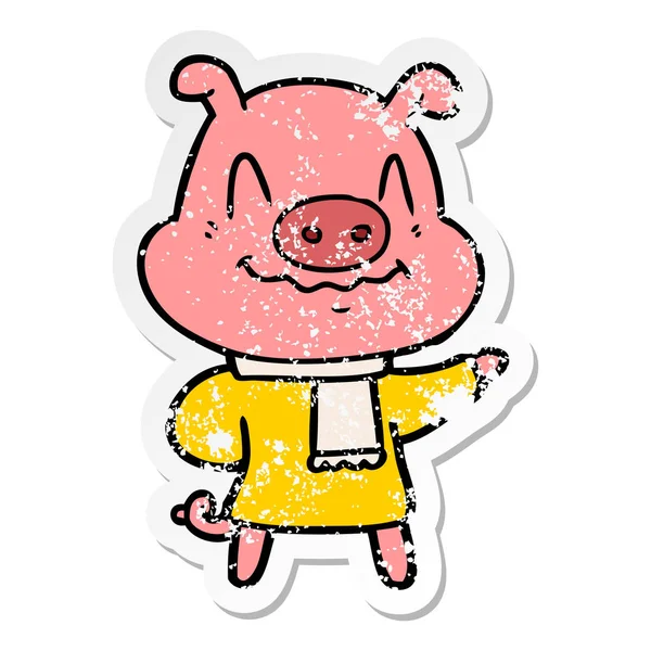 Autocollant affligé d'un cochon de dessin animé nerveux portant une écharpe — Image vectorielle