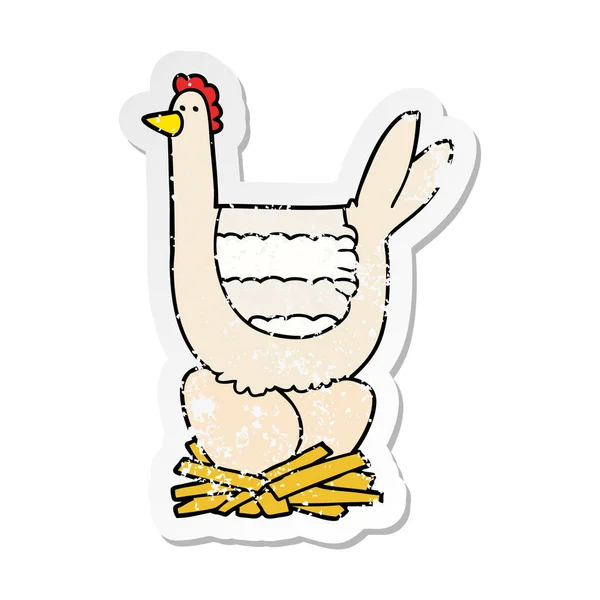 Autocollant affligé d'un poulet dessin animé assis sur des œufs dans le nid — Image vectorielle