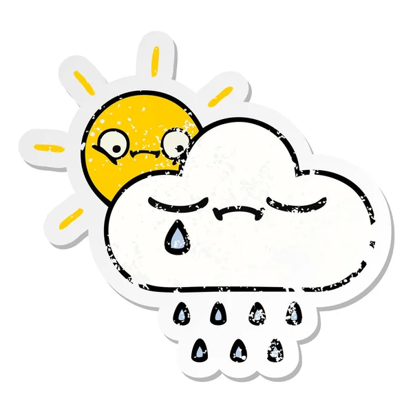 Autocollant affligé d'un joli dessin animé soleil et nuage de pluie — Image vectorielle