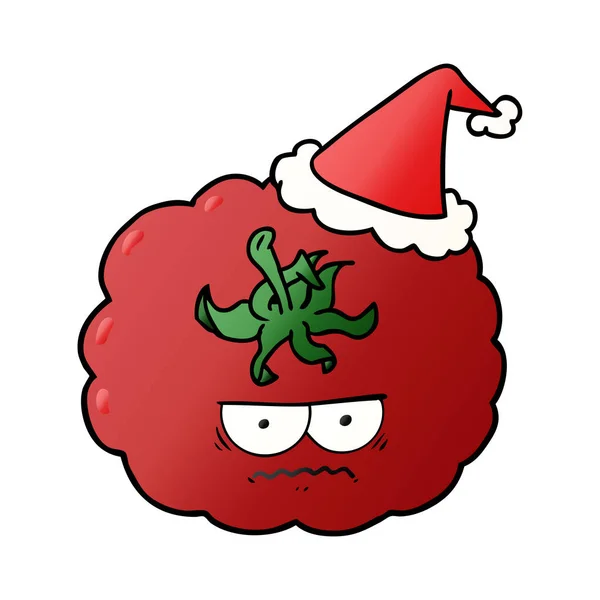 Dessin animé dégradé d'une tomate en colère portant un chapeau de Père Noël — Image vectorielle