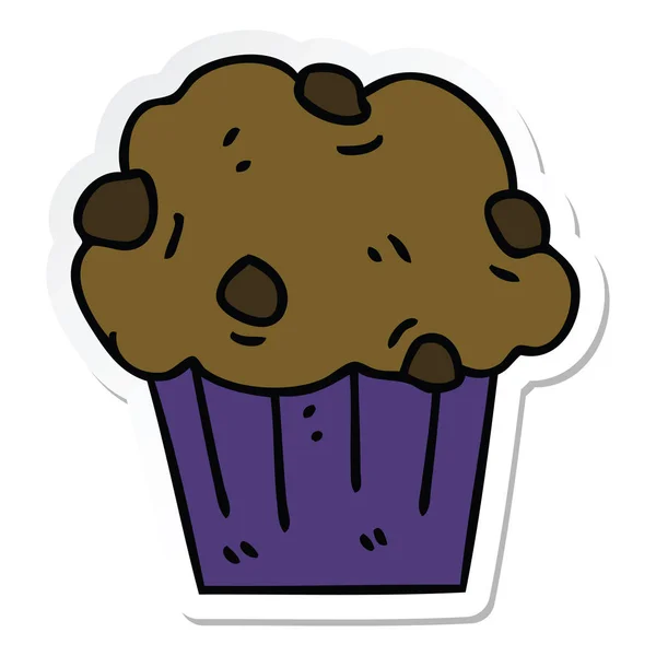 Sticker Van Een Eigenzinnige Hand Getrokken Cartoon Chocolade Muffin Taart — Stockvector