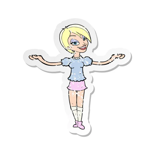Retro angustiado adesivo de um desenho animado mulher fazendo braço aberto gest —  Vetores de Stock