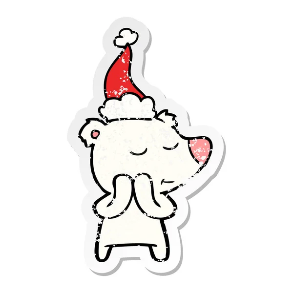 Glückliche Hand Gezeichnete Verzweifelte Aufkleber Karikatur Eines Eisbären Mit Weihnachtsmütze — Stockvektor