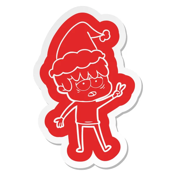 Quirky Cartoon Sticker Exhausted Boy Wearing Santa Hat — Stock Vector