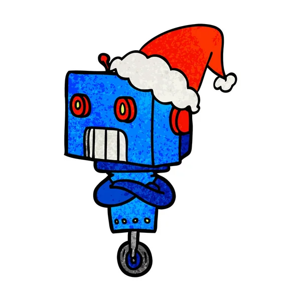 Dibujado Mano Dibujos Animados Texturizados Robot Con Sombrero Santa — Vector de stock