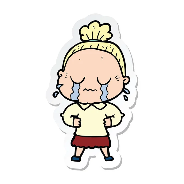 Sticker van een cartoon huilende oude dame — Stockvector