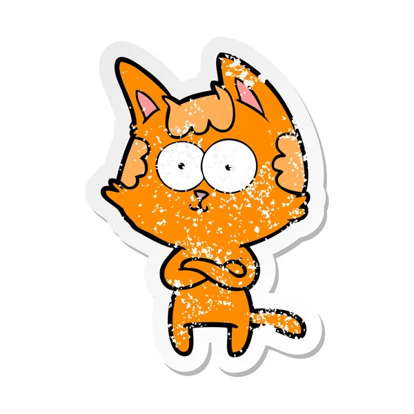 Distressed Sticker Happy Cartoon Cat Crossed Arms — Stock Vector