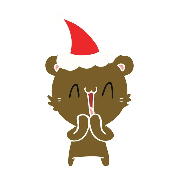 Счастливый медведь плоской цветной иллюстрации ношения шляпы санта — стоковый вектор