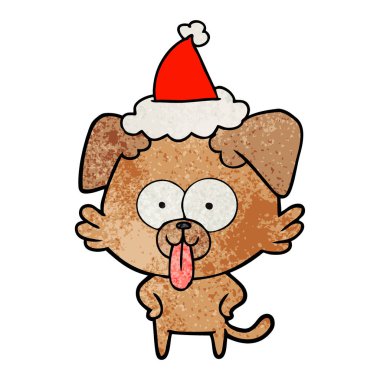 Noel Baba şapkası giyen yapışmasını dil ile bir köpeğin dokulu çizgi film el çekilmiş