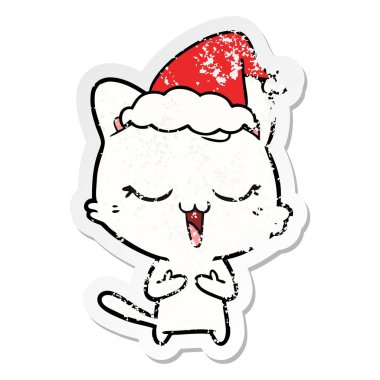 mutlu sıkıntılı etiket karikatür Noel Baba şapkası giyen bir kedi