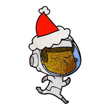 el santa şapka takıyor kendine güvenen bir astronotun dokulu çizgi film çekilmiş