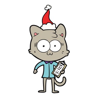 çizim için Noel Baba şapkası giyen bir sürpriz ofis işçi kedi el çekilmiş