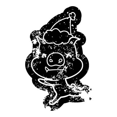 kızgın ilginç çizgi film simgesi domuz Noel Baba şapkası giyen bir sıkıntılı