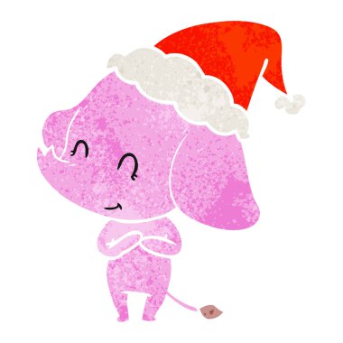 Noel Baba şapkası giyen bir filin retro çizgi film sevimli el çekilmiş