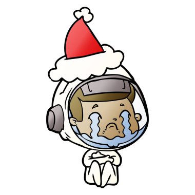Noel Baba şapkası giyen ağlayan bir astronotun degrade çizgi film el çekilmiş