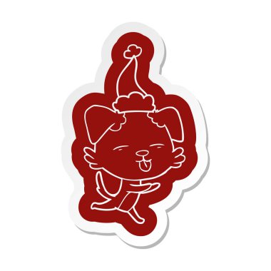 Noel Baba şapkası giyen dilini bir köpek çizgi film etiketi