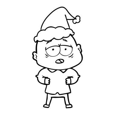 çizim için Noel Baba şapkası giyen yorgun bir kel adamın el çekilmiş