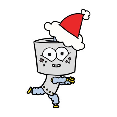 Noel Baba şapkası giyen bir robot mutlu çizgi çizme