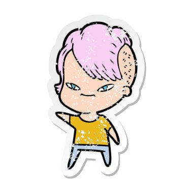 hippi saç kesimi ile sevimli çizgi kızın sıkıntılı etiket