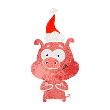 mutlu el domuz Noel Baba şapkası giyen bir retro çizgi film çekilmiş