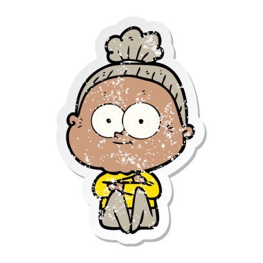 bir karikatür mutlu yaşlı kadının sıkıntılı etiket