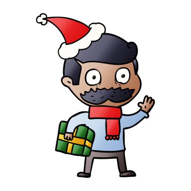 el bir adam bıyık ve Noel Noel Baba şapkası giyen hediyesi, degrade çizgi film çekilmiş