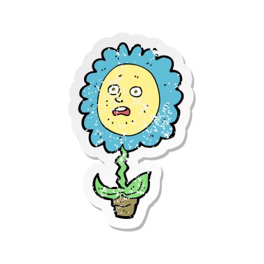 yüzü olan bir çizgi film çiçek Retro sıkıntılı etiket