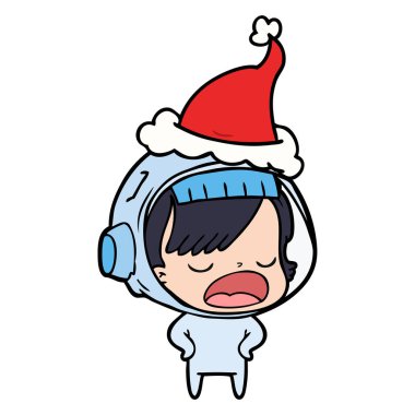 çizgi çizme giyen Noel Baba şapkası açıklayan bir astronot kadının