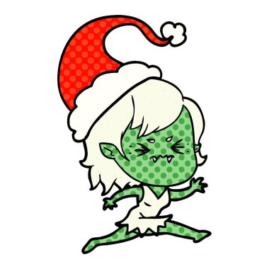 Noel Baba şapkası giyen bir vampir kız çizgi roman tarzı çizimi rahatsız el çekilmiş