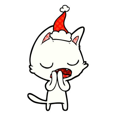 konuşan kedi el çizgi roman tarzı çizimi giyen Noel Baba şapkası çizilmiş