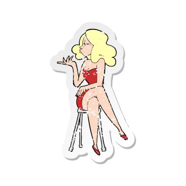 bar tabure oturan bir karikatür kadının Retro sıkıntılı etiket