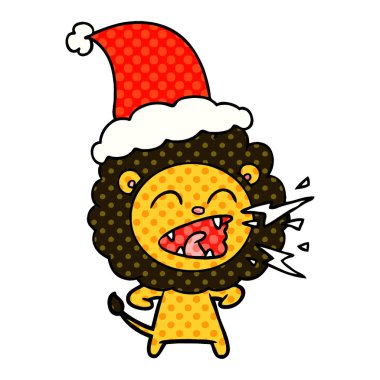 çizgi roman tarzı illüstrasyon santa ha giyen kükreyen aslan