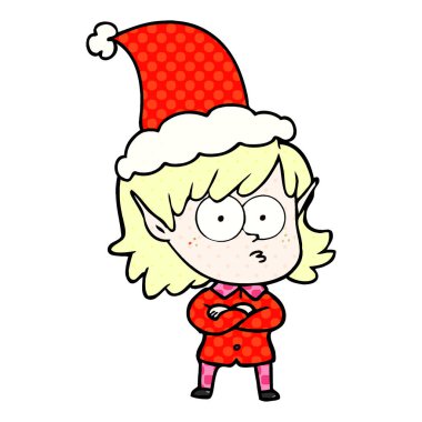 çizgi roman tarzı illüstrasyon giyen Noel Baba şapkası bakarak bir elf kızın el çekilmiş