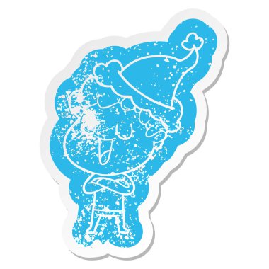 Noel Baba şapkası giyen bir adamın ilginç karikatür sıkıntılı etiket gülüyor