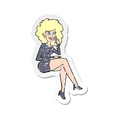 oturan kadın bir çizgi film ofis Retro sıkıntılı etiket