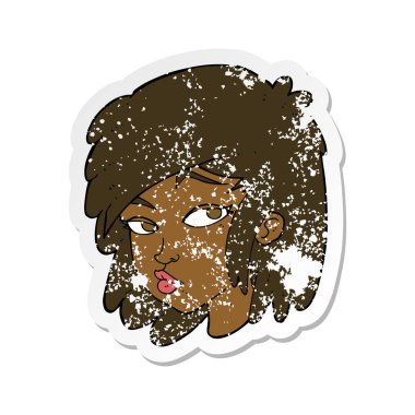 Retro sıkıntılı etiket bir karikatür meraklı kadın