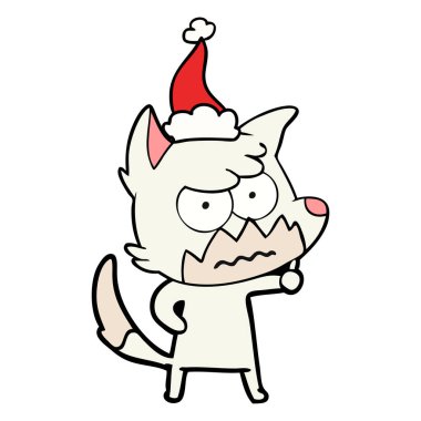 çizim için Noel Baba şapkası giyen rahatsız tilki el çekilmiş