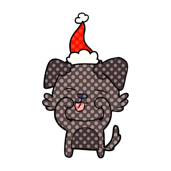 Çizgi Roman Tarzı Resimde Bir Köpek Noel Baba Şapkası Giyen — Stok Vektör