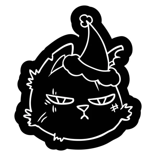 Ícone Desenho Animado Peculiar Rosto Gato Duro Usando Chapéu Santa — Vetor de Stock