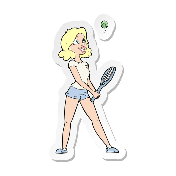 Pegatina de una mujer de dibujos animados jugando al tenis — Vector de stock