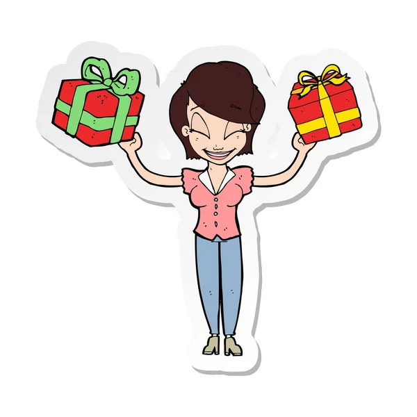 Sticker Cartoon Woman Carrying Gifts — Stock Vector
